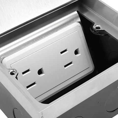 Heavy Duty Recessed Floor Electrical Outlet Kit With No Fuss Pull Handle For Reliable Power Access Durable flush mount socket inside stainless steel housing.