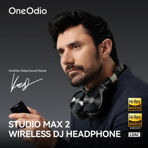 Person with Studio Max 2 Wireless DJ Headphones with 9ms ultra low latency, Hi Res Audio LDAC, on a black background.