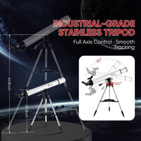 80mm Aperture Refractor Telescope With 900mm Focal Length 270x High Powered Astronomy Scope on stainless steel tripod