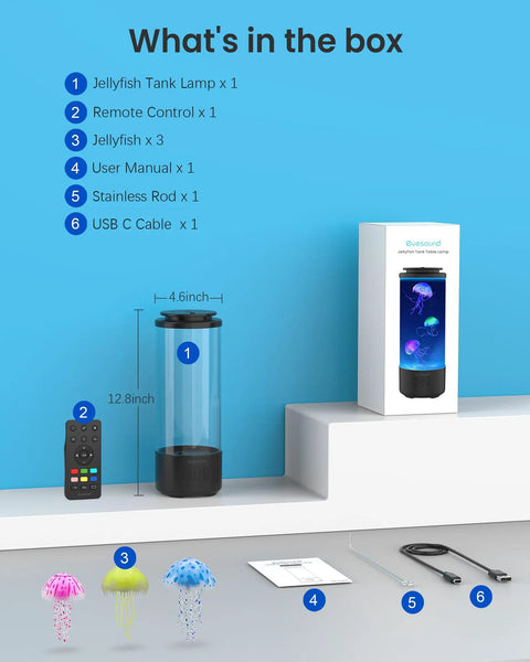 Jellyfish Lamp Bluetooth Speaker With White Noise And 7 Color Changing Lights 4 Lighting Modes box and contents overview
