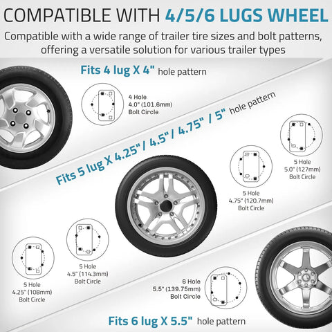 Diagram showing Universal Spare Tire Mount With Anti Theft Rope compatibility for 4, 5, and 6 lug wheels, 4 to 5.5 inch bolt patterns.