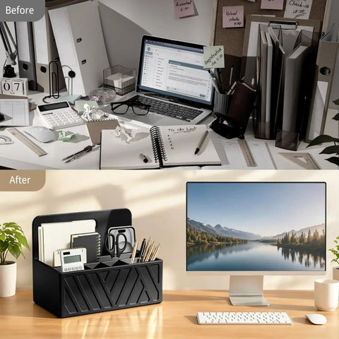 Before and after desk organized with Six Slot Desk Mail Organizer Countertop Caddy For Mail Pens Glasses Remotes And Stationery
