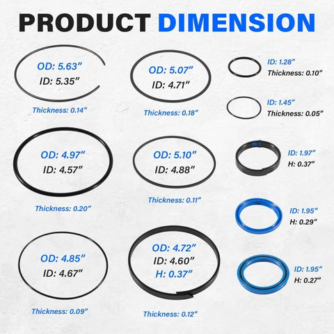 Product dimensions for Hydraulic Log Splitter Cylinder Rebuild Seal Kit For 5.0 Inch Bore And 2.0 Inch Rod, Pack Of 11