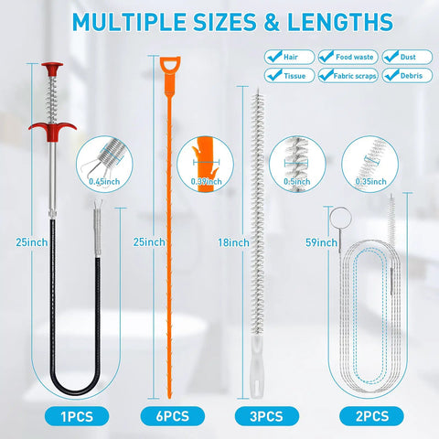 12 In 1 No Fuss Drain Clog Remover Kit With 25 Inch Stainless Steel Grabber Claw For Hair And Debris, 6 25 Inch Plastic Drain Snakes, 2 59 Inch Cleaning Brushes, And 3 18 Inch Sink Brushes For Bathroom Kitchen Toilet Tub Sewer