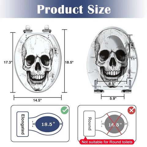 Elongated Resin Toilet Seat for Bathroom with skull design, dimensions 18.5x14.5 inches, suitable for elongated toilets.