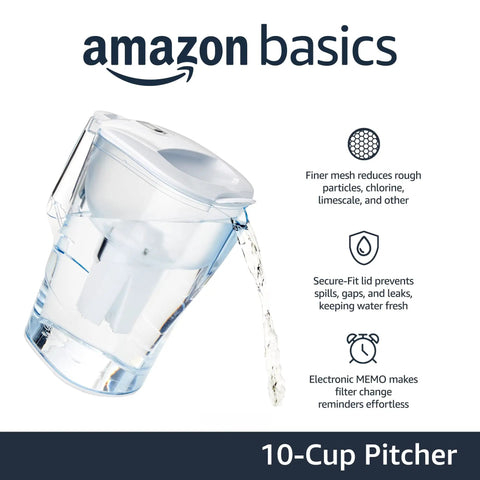 10-Cup Water Filtration Pitcher With Leak-Proof Pour No-Fuss Secure Lid Brita Filter Compatible BPA Free, water pouring.