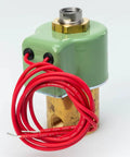 12V Hydraulic Solenoid Valve 379686-1 For 6-Bolt Powershift PTOs, brass and green casing, with red wiring, side view