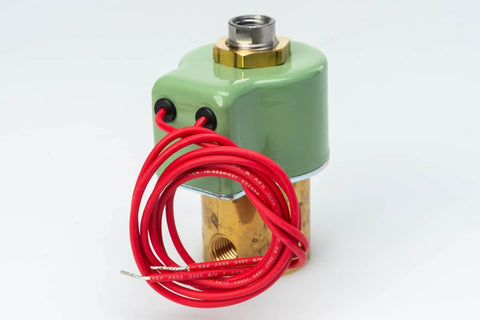 12V Hydraulic Solenoid Valve 379686-1 For 6-Bolt Powershift PTOs, brass and green casing, with red wiring, side view