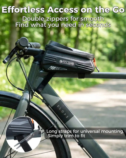 Ridiculously Handy 2L Bike Front Frame Bag With Water Resistant Top Tube Mount on a gray bike with touchscreen window.