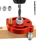 Self Centering Dowel Jig Kit For Knockout Drill Guide Locator Alignment With Heavy Duty Bushings and Quick Release Bits, close-up view.