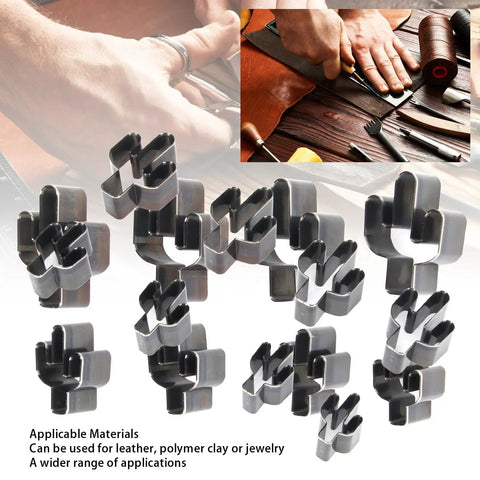 Eight Piece Cactus Shaped Leather Cutter Die Set for DIY crafts with high carbon steel punches shown on a table for handmade goods.