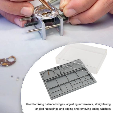 Watch Parts Organizer And Movement Tray With Dust Cover Handy Repair Box in use, showcasing detailed watch movement work.