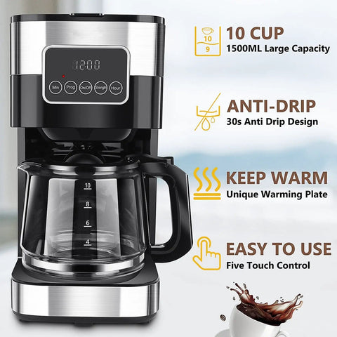 Top Shelf Automatic Drip Coffee Maker And Espresso Brewer For Home Office With High Pressure Pump for easy 10 cup brewing.