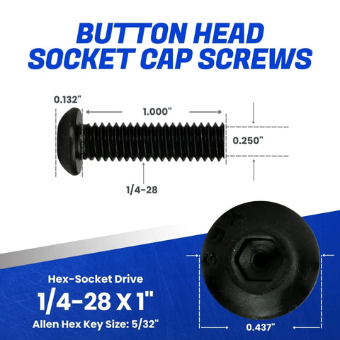 Top Shelf Button Head Socket Cap Screws 1/4-28 X 1 Inch 25 Pack showing dimensions and hex drive details.