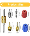 Product size chart for 17 Piece Car AC Valve Core Kit Pro Grade With R12 To R134a Conversion, AC Removal Tool And Service Port Seal Caps