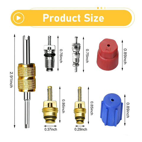 Product size chart for 17 Piece Car AC Valve Core Kit Pro Grade With R12 To R134a Conversion, AC Removal Tool And Service Port Seal Caps