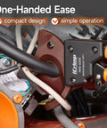 Pro Level Heavy Duty Ratchet Cable Cutter with one-handed operation cutting thick wires in a compact electrical panel.