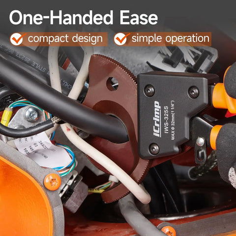 Pro Level Heavy Duty Ratchet Cable Cutter with one-handed operation cutting thick wires in a compact electrical panel.