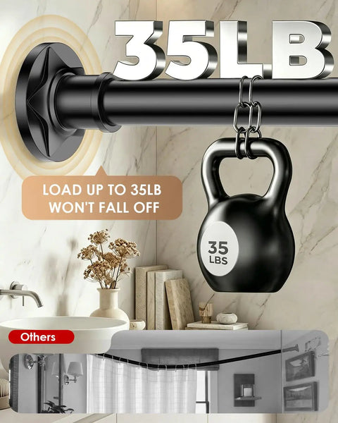 Matte Black Extra Long Tension Shower Curtain Rod 30 To 122 Inches 1.1 Inch Diameter Stainless Steel Rustproof Heavy Duty No Drill Needed Adjustable Room Divider For Bathroom Patio And Closet holding 35 lb weight