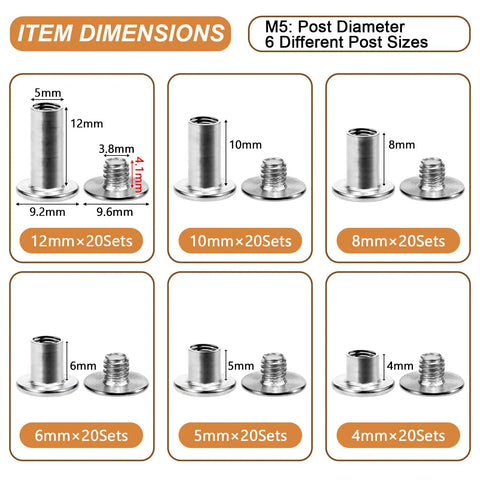 Heavy Duty Chicago Screws And Leather Rivets Kit, 120 Pieces Rock Solid Hardware Six Sizes, dimensions of six rivet sizes shown.