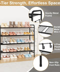 Four Tier Metal Shoe Rack Organizer, 33 Inch Wide With Four Side Hooks, Heavy Duty Shoes Shelf For Closet Front Door Garage Or Dorm, Black Finish, Fits 20 To 25 Pairs, Extra Bottom Storage For Shoes And Kicks, metal frame with multiple tiers and hooks, shown in living space with shoes.