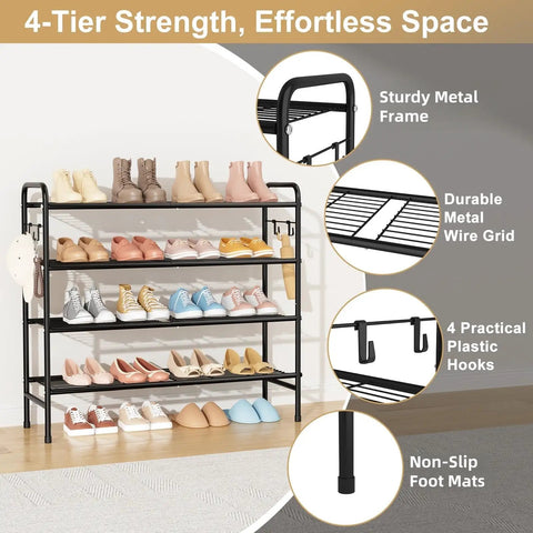 Four Tier Metal Shoe Rack Organizer, 33 Inch Wide With Four Side Hooks, Heavy Duty Shoes Shelf For Closet Front Door Garage Or Dorm, Black Finish, Fits 20 To 25 Pairs, Extra Bottom Storage For Shoes And Kicks, metal frame with multiple tiers and hooks, shown in living space with shoes.