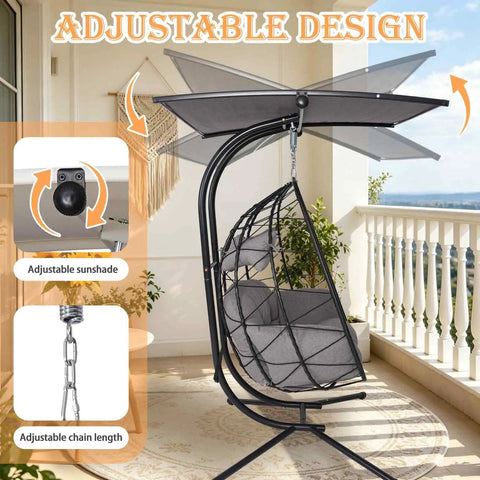 Double Egg Chair With Stand And Adjustable Canopy For Two People Indoor Outdoor Wicker Hanging Swing Chairs on sunny patio