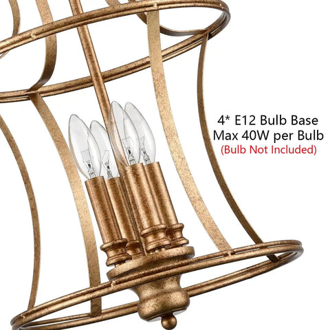 Close-up of Modern Lantern Pendant Light With Four Lights In A Rusty Gold Finish showing bulb base details and structure.