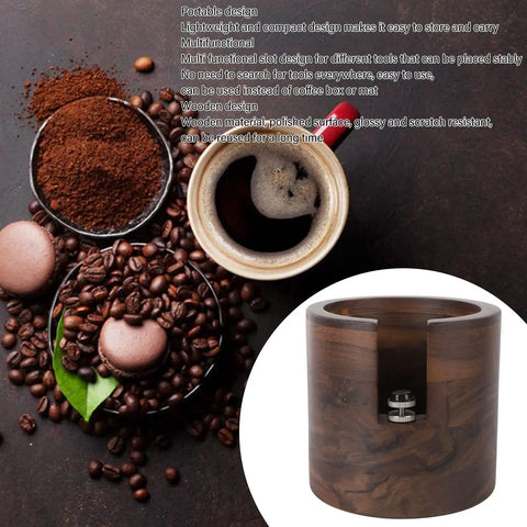 Heavy Duty Wooden Knock Box And Espresso Tamper Station Delivers Smooth Operator Vibes Straight To Your Kitchen Counter showing polished walnut design.