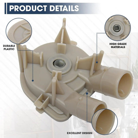 Washer Drain Pump And Heavy Duty Metal Core Motor Coupling Kit For Whirlpool And Kenmore Washers Replaces 3352492 3348215 3348014 3363394 WP3363394 Beefy Direct Drive Pump And Steel Core Coupling Easy Install Pro Quality Replacement, beige plastic pump close-up