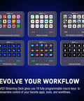 Macro Keypad For Streaming Deck With 18 Pro Grade Programmable Keys Visual LCD Pad And USB Soundboard For OBS YouTube Live Streaming And Desk Setup On PC Mac Laptop displaying multiple consoles.