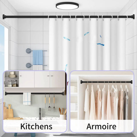 Heavy Duty Adjustable Tension Shower Curtain Rod 18 to 49 Inches No Drill No Slip Easy Install Matte Black Finish For Bathroom Kitchen Doorway Fits Glass Tile Wood in kitchen and closet setup
