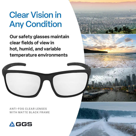 Sleek Lightweight Safety Glasses With No Sweat Anti Fog And Scratch Resistant Lenses Non Slip Sport Frame For Work Shooting Range Weekend Diy And Backyard Grinds Crisp UV Block with matte black frame.