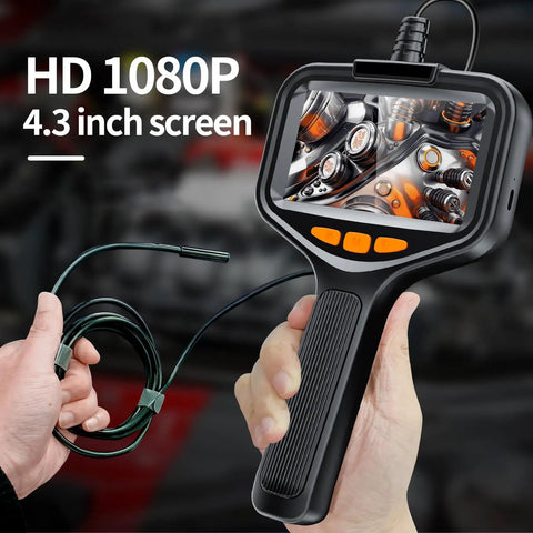 1080P HD Endoscope Camera With Light, 4.3 Inch Built-In Screen showing engine inspection view