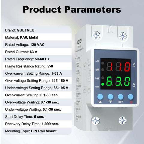 Over And Under Voltage Protector With Adjustable Current And Voltage, 120VAC 63A, LED Display, DIN Rail Mount, front view