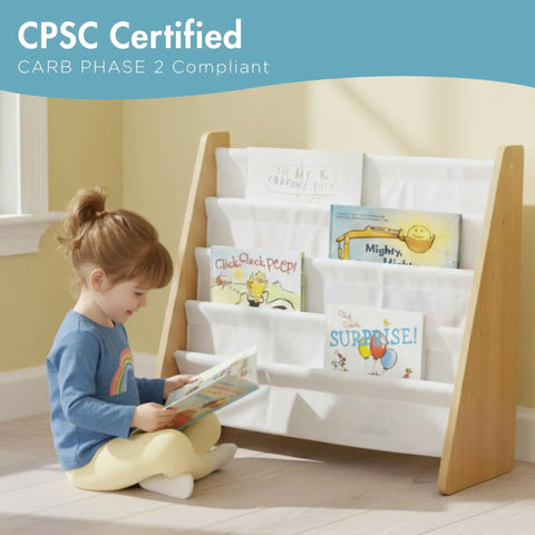 Child reading by 4-Tier Front-Facing Kids Book Display Organizer For Playrooms And Bedrooms Montessori Toddler Bookshelf In Natural Wood And White