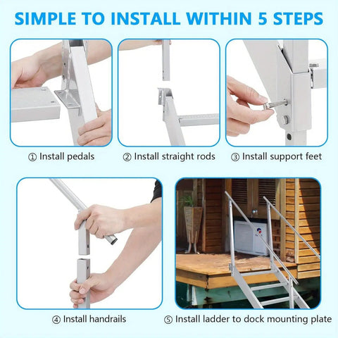 Hella Durable Pro Grade 6 Step Dock Stairs Featuring Rock Solid Dual Handrails And Oversized Slip Resistant Treads For Easy Lake Pool And Family Boat Landing installation instructions with five steps