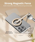 Close-up of 68 Inch Magnetic Selfie Stick Tripod With Aluminum MagSafe Holder, metal ring and phone attached, showing strong magnetic force.