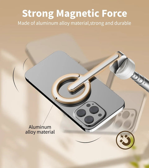 Close-up of 68 Inch Magnetic Selfie Stick Tripod With Aluminum MagSafe Holder, metal ring and phone attached, showing strong magnetic force.
