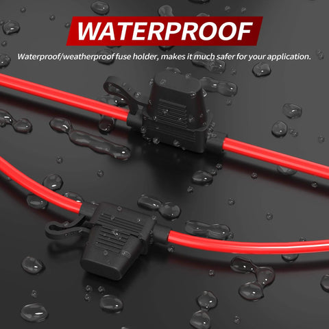 Heavy Duty 12 AWG Inline Fuse Holder For 12V Systems Waterproof In Line Fuse Block with red wires and water droplets