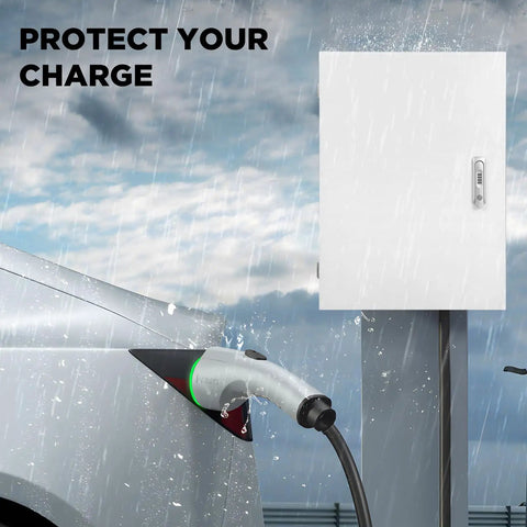 Heavy Duty EV Charger Protection Box With Rock Solid Combo Lock And Killer Cable Organizer in wet weather, mounted on wall.