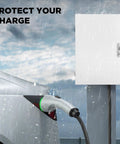 Rock Solid EV Charger Enclosure Box With Combo Lock And Key Access, white, mounted outdoors, protects EV charging setup from rain.
