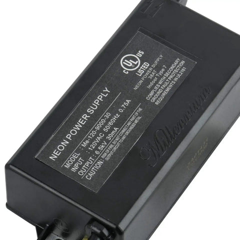 High Voltage Neon Sign Power Supply 6.5KV 30mA Transformer 120VAC UL Listed with high power factor and low EMI, close-up view.