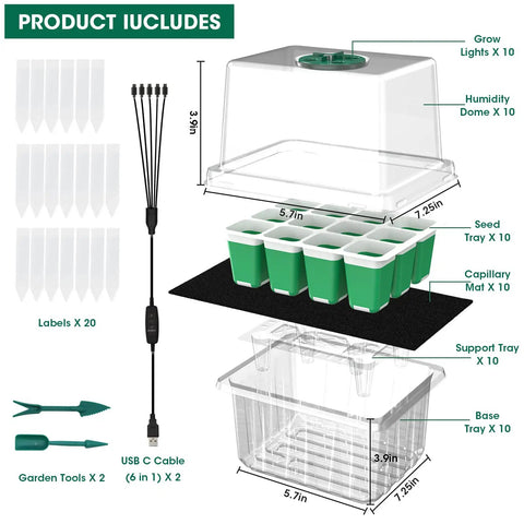 Diagram of Self Watering Seed Starter Tray With Gen 3 Full Spectrum Grow Light For Easy No Fuss Seeding And Growing 10 Pack 120 Cell Reusable Seedling Kit Soft Silicone Germination Trays With Humidity Dome components.