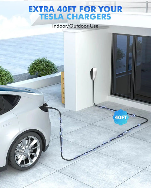 Tesla 50 Amp 40 Foot EV Charger Extension Cable connected to Wall Connector, visible with a car