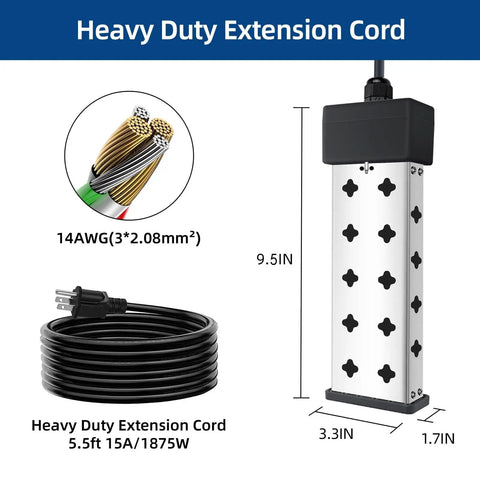 Heavy duty 14AWG extension cord 5.5ft 15A/1875W with diagram of internal wire structure and dimensions.