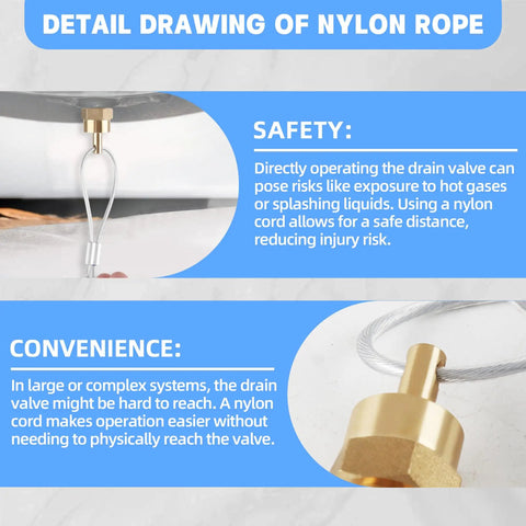 Diagram showing details of the One Quarter Inch Air Compressor Drain Valve With Sixty Inch Cable For Semi Truck Tanks, highlighting safety and convenience. 