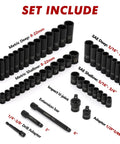 Heavy Duty Three Eighths Inch Drive Impact Socket Set, Forty Nine Piece SAE And Metric, Deep Six Point with accessories.