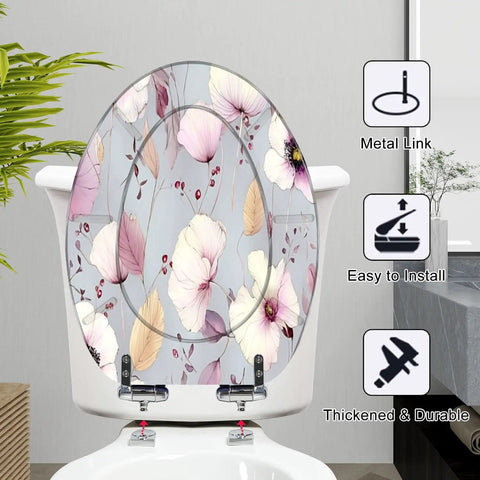 Soft Close Elongated Toilet Seat for Bathroom with floral design, adjustable metal hinges, easy to install, 18.5" x 14.5".
