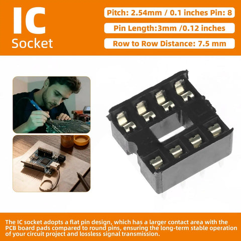 Ten Pack 8P DIP IC Socket Adapter With 2.54mm Pitch Dual Row Solder Type IC Chip Socket For Prototyping And Repairs, Includes 10 Pieces Great For Projects And Spare Inventory, shown with specifications.